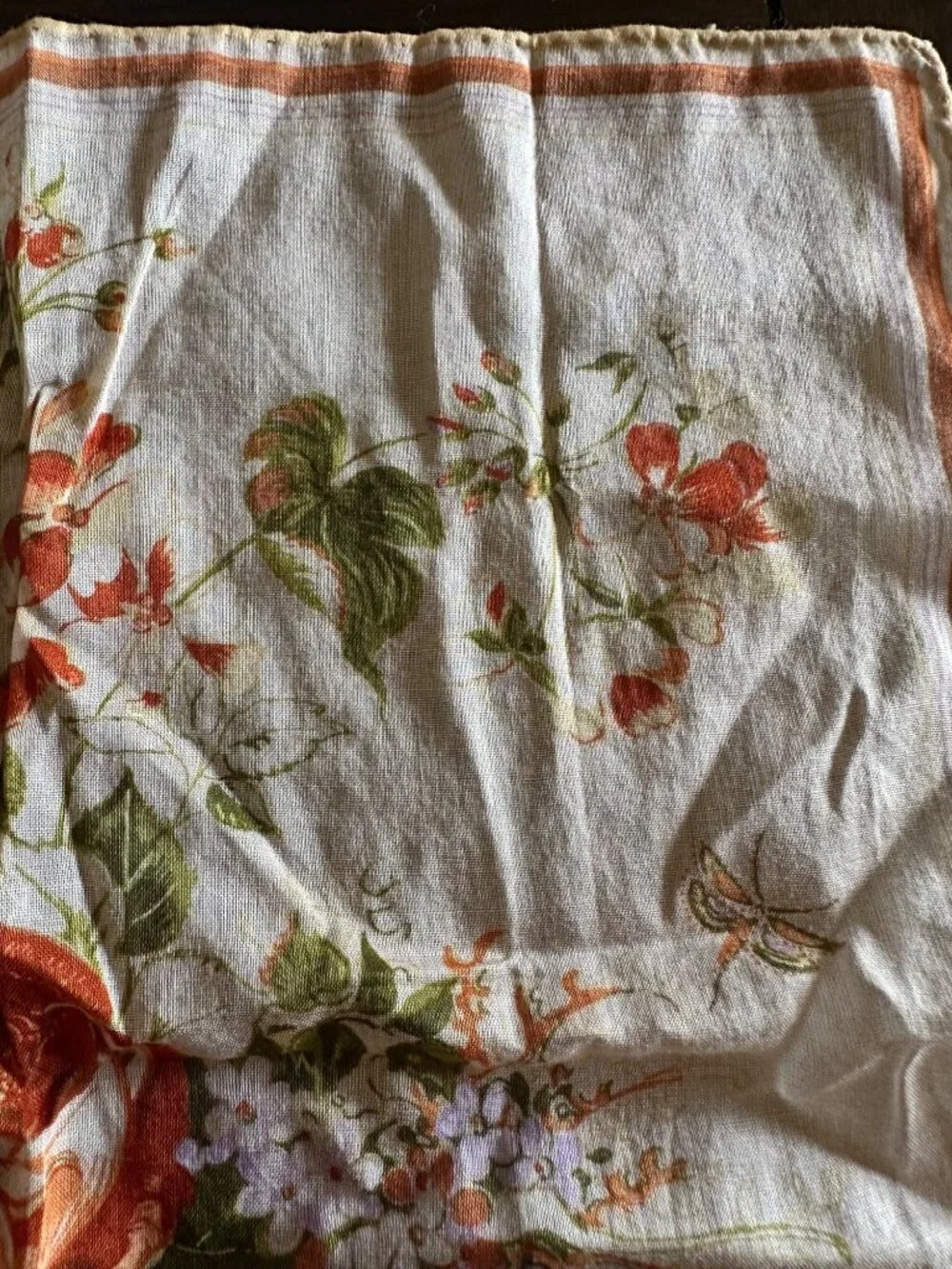 Vintage Flora Stoffels Handkerchief With Orange Roses & Bugs Print